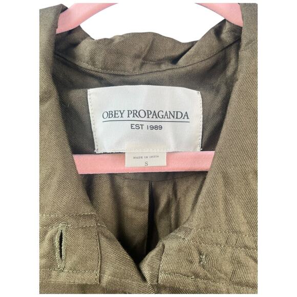 Obey olive green button front lightweight coat pockets cinch tie waist small NWT - Picture 4 of 9